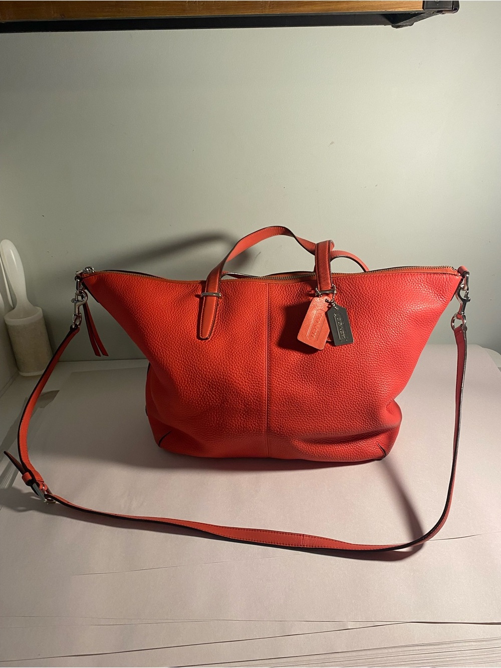 Coach Bleeker Coral-Red Pebbled Leather Convertible Shopping Tote